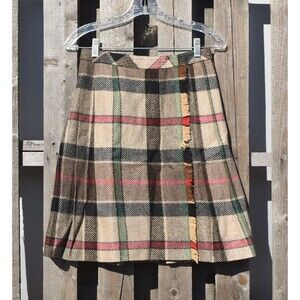 Vintage Shetland Leith Fornesa Tan Wool Plaid Pleated Wrap Skirt Sz 42